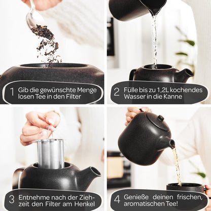 STONE AGE design teapot with warmer (1.3L) - with stainless 304 steel infuser - ceramic with unique glaze with removable infuser, black