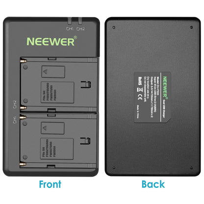 NEEWER 2-pack 6600mAh Li-ion replacement battery with USB charger, compatible with Sony NP-F970 F960 F950 F770 F750 F570 F550, Handycams and NEEWER LED light, monitor, motorized slider.