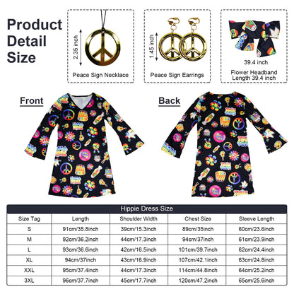 MRYUWB Women's Hippie Dress, 1970s Costume, with necklace, earrings, sunglasses, disco outfit, 1960s party costume, Halloween retro dress (Black, L)