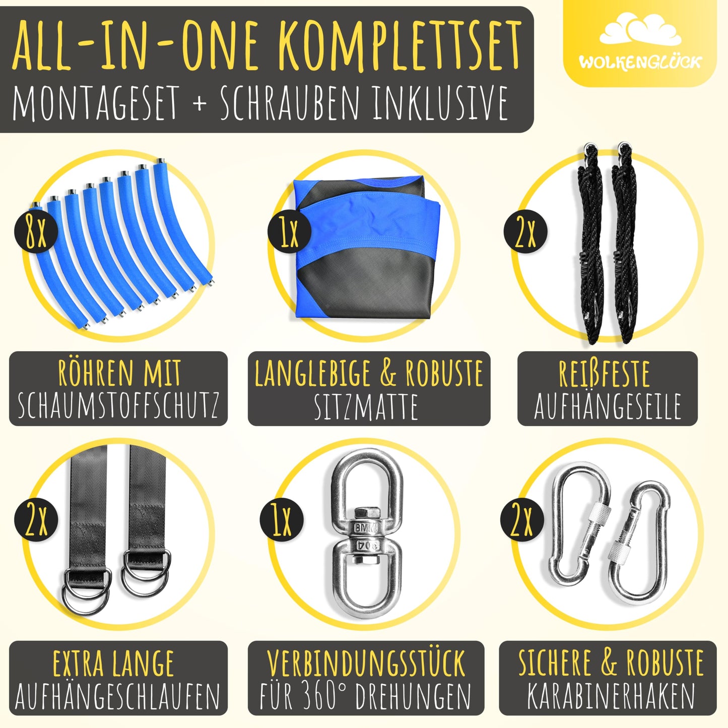 WOLKENGLÜCK® Nest Swing [Ø 110 cm] - Adjustable Height Swing for Outdoor & Indoor Use for Kids and Adults [up to 150 kg] - Includes Mounting Accessories - Kids Swing