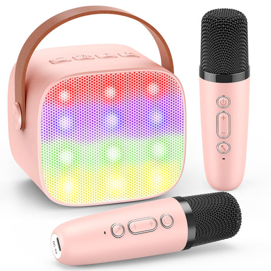 Dislocated Karaoke Machine with 2 Bluetooth microphones, girls' gift toy for 3-12 years old. Mini Karaoke microphone set for kids and adults. Portable speaker with DSP & LED lights.