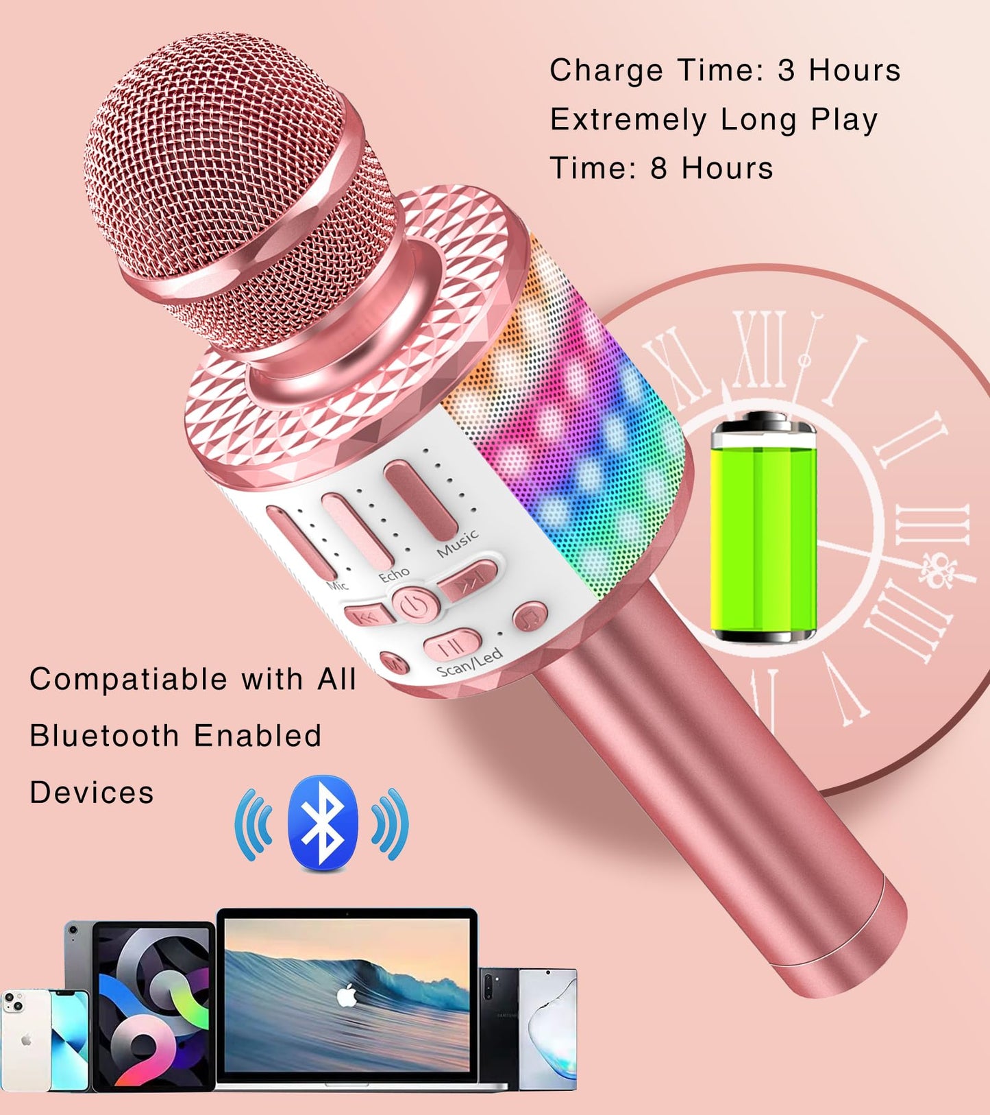 Karaoke microphone, Wireless Bluetooth kids microphone with LED lights, Portable children's karaoke machine, Handheld microphone with speaker recorder for Android/iOS/PC/Smartphone