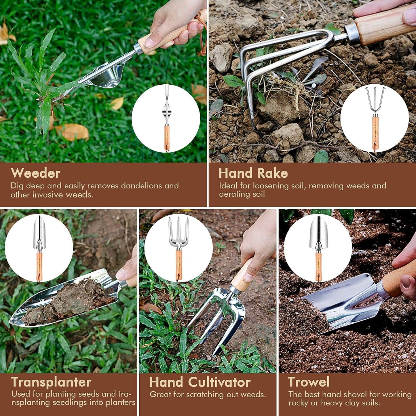 YAUNGEL Garden Tool Set, 10 Piece Heavy Duty Stainless Steel Gardening Kit with Non-Slip Wooden Handle- Garden Gifts Packaging for Women Men, Green