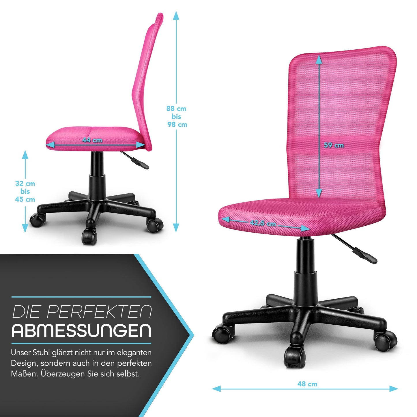 TRESKO office chair desk chair swivel chair, available in 7 color variations, with plastic castors, infinitely height-adjustable, padded seat, lift SGS tested (Pink)