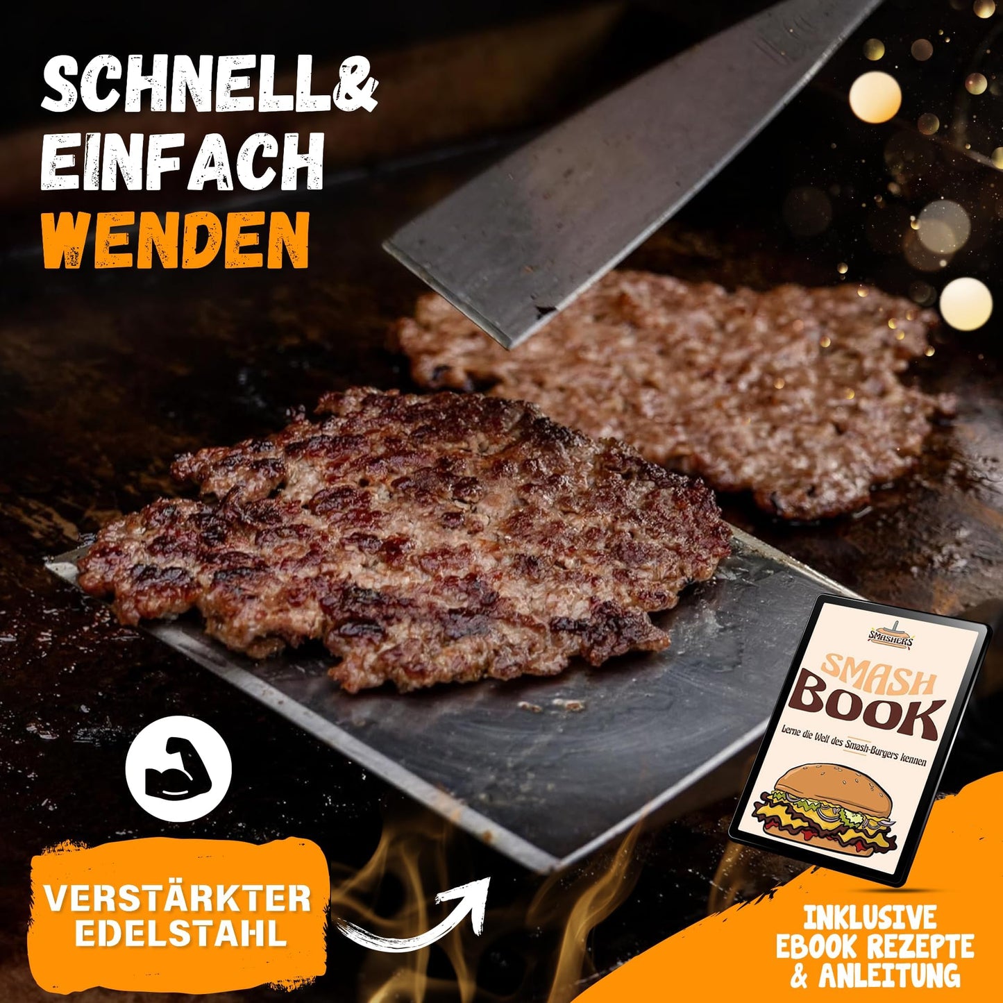 SMASHERS Smash Burger Set - Burger smasher set with burger press, grill spatula, flipper, and burger bell - Includes e-book with smash burger recipes & burger paper (6 pieces)