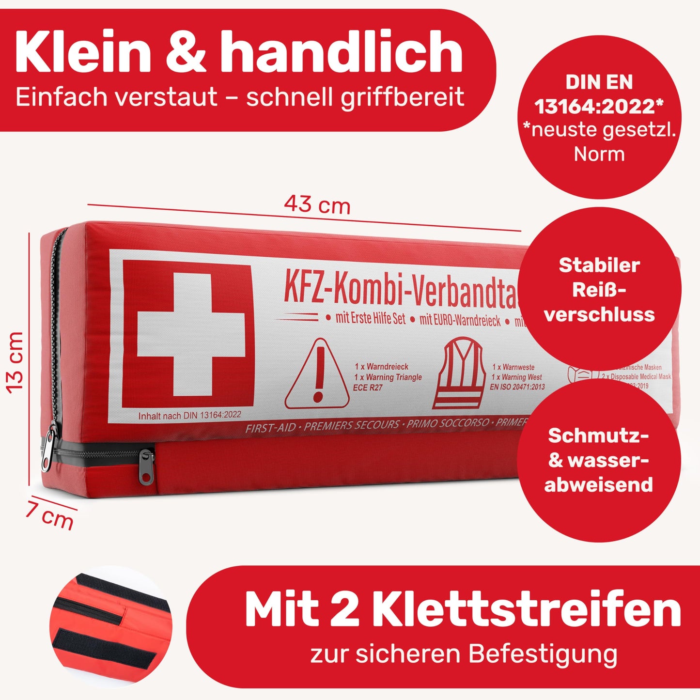 Automobile combination bag (3 in 1) according to current standard 2025 - Including warning triangle, reflective vest, and first aid kit. Warning triangle set FIRST AID KIT Auto DIN 13164:2022 (StVO compliant)