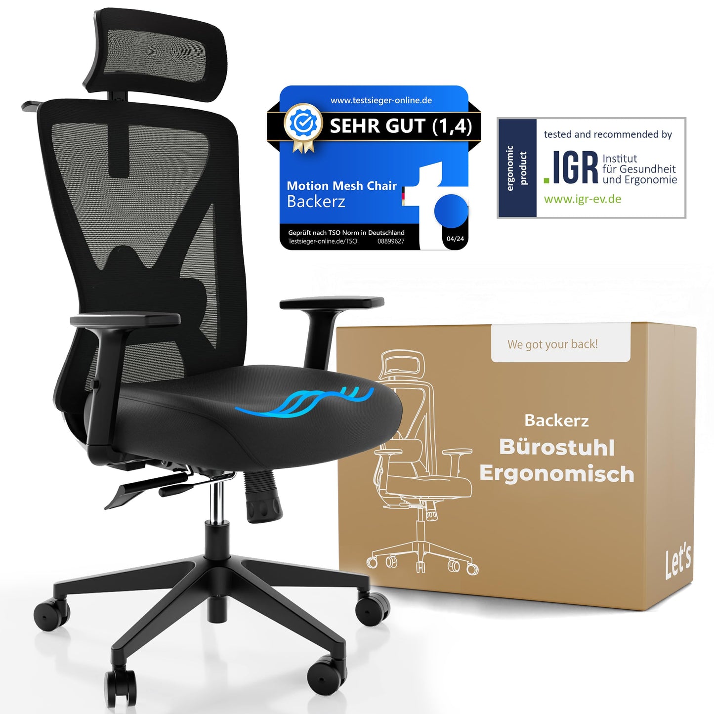 Backerz Office Chair Ergonomic - Office Chairs 150kg, TUV & NEN 1335 Certified - Office Desk Chair - Chair - Ergonomic Office Chair - Computer Chair Height Adjustable & Back-Friendly - Black