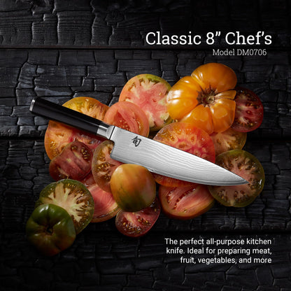 KAI Shun Classic 8-inch Japanese chef's knife - Damascus blade with 32 layers, VG-MAX core, 61 (±1) HRC - Pakka wood handle - Made in Japan - Forge-finished kitchen knife, chef knife, utility knife.