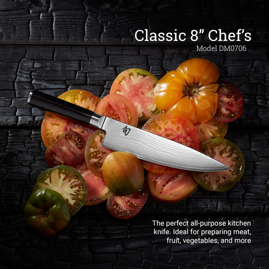 KAI Shun Classic 8-inch Japanese chef's knife - Damascus blade with 32 layers, VG-MAX core, 61 (±1) HRC - Pakka wood handle - Made in Japan - Forge-finished kitchen knife, chef knife, utility knife.