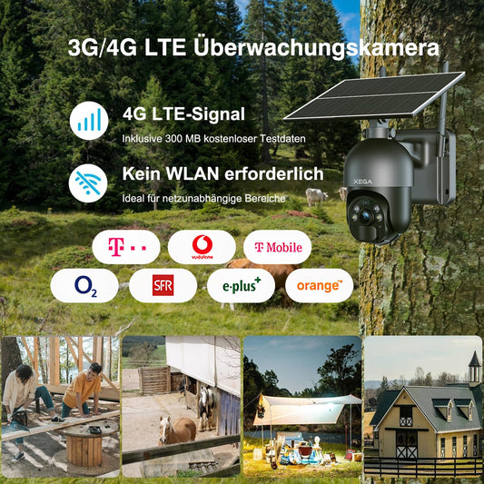Xega 3G/4G LTE Outdoor Surveillance Camera with SIM Card Wire-Free Solar PTZ IP Camera Outdoor with 2K Color Night Vision 355°/95° Rotatable TF Card Slot PIR Detection 2-Way Audio IP66 Waterproof