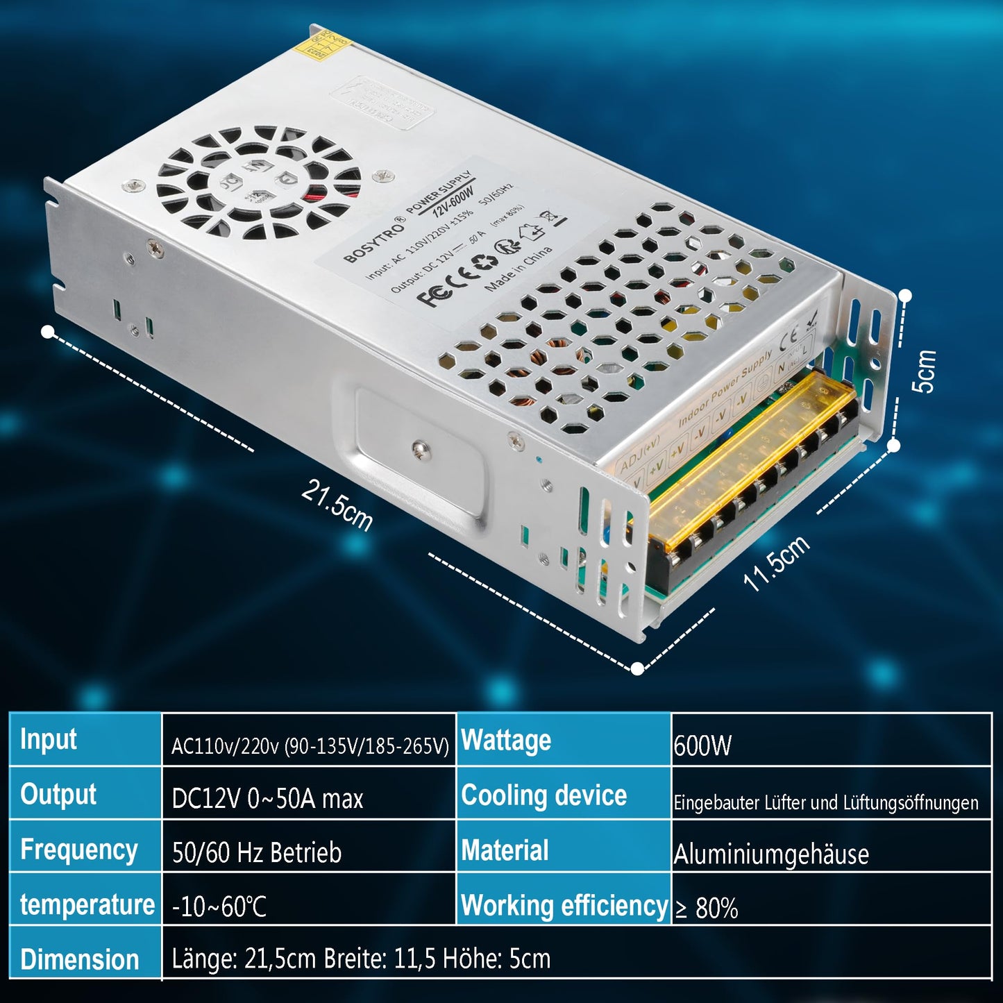 BOSYTRO 12V 50A 600W Switching Power Supply, 12V Universal Regulated Power Supply AC110V/220V (SMPS) LED Transformer for LED Strip Light, CCTV Camera Security System, Radio, Computer Project.