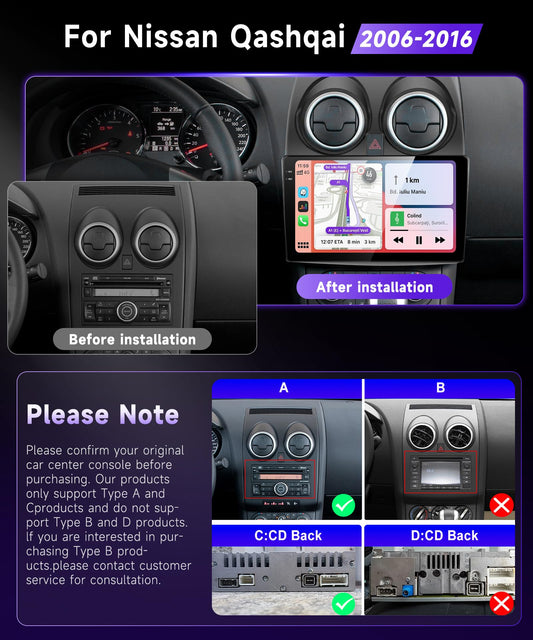 4+128GB Podofo Android 9" car radio 2 din for Nissan Qashqai J10 2006-2016 Wireless Carplay Android Auto Bluetooth with screen WiFi/Nav + AHD rearview camera HiFi/RDS/FM Radio DAB+