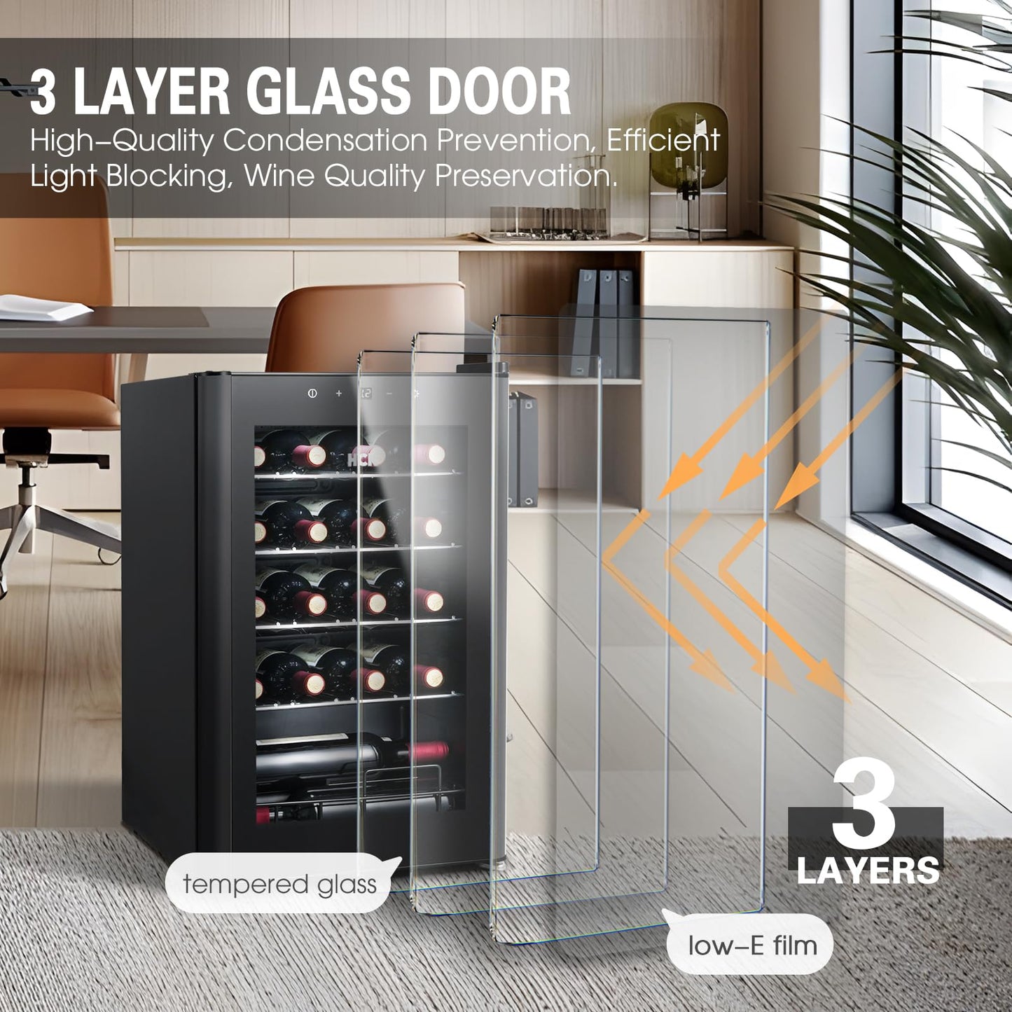 HCK 70L Wine Cooler for 24 bottles, 4-22°C Wine Fridges Bottle Cooler, Beverage Cooler with Glass Door, Quiet Wine Cabinet, Frost-Free Glass Door, Full Glass Touch Panel, Black