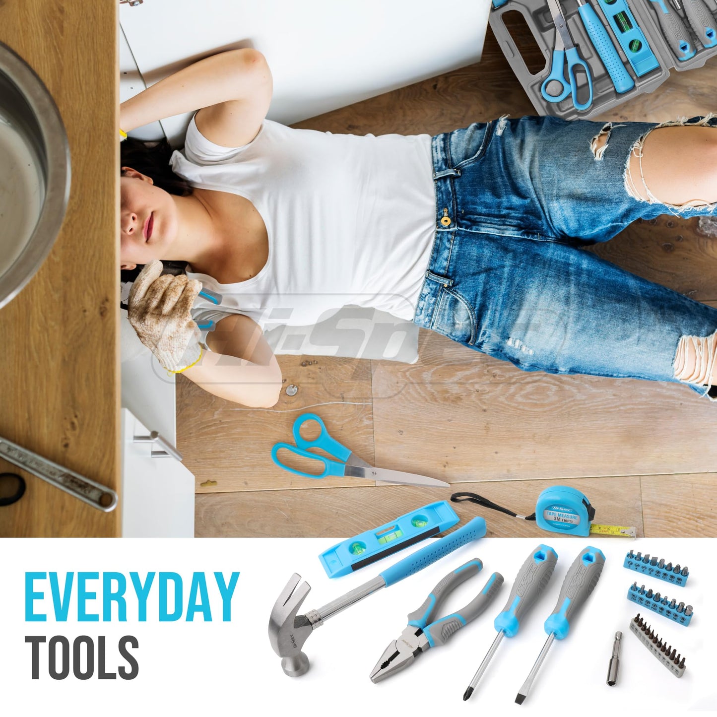 Hi-Spec toolset. Small toolbox filled with blue tools and screwdriver bit set for repairs.