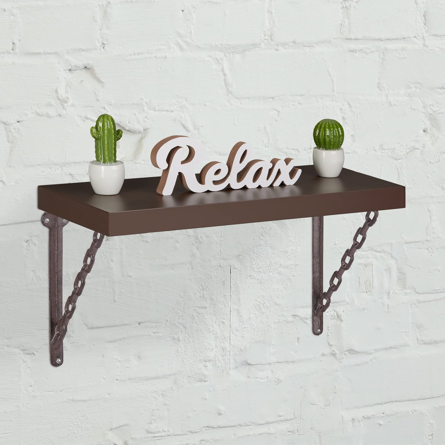 8 x Antique-style cast iron shelf brackets, featuring a unique chain design. These wall mounts are perfect for supporting shelves in a rustic brown finish.