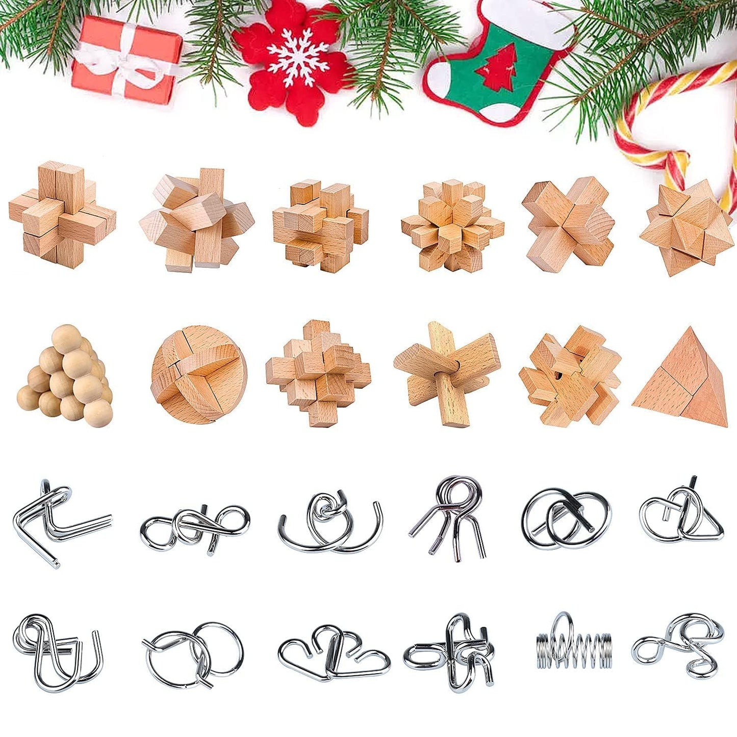 Brain teaser advent calendar 2025 for kids- 24 day Christmas calendar gifts with metal puzzles and wooden 3D puzzles, skill games for boys, girls, teens & adults.