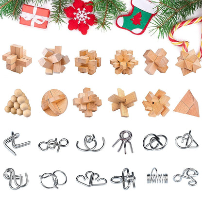 Brain teaser advent calendar 2025 for kids- 24 day Christmas calendar gifts with metal puzzles and wooden 3D puzzles, skill games for boys, girls, teens & adults.
