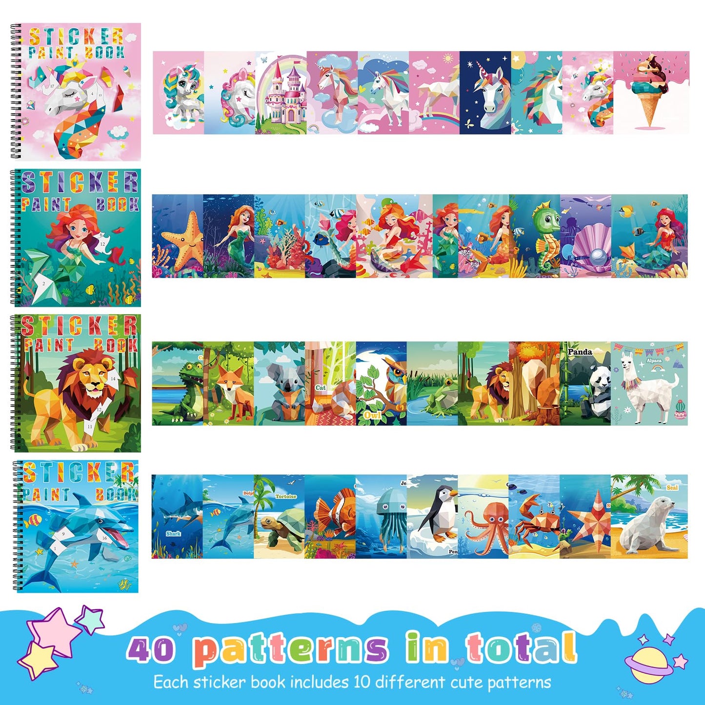 TCJJ 4 Pcs Unicorn Sticker Book for Kids 4-10 Years, 40 Picture Sticker Book Girls by Number, Children's Sticker Books to Improve Intelligence, for Christmas Gifts, School