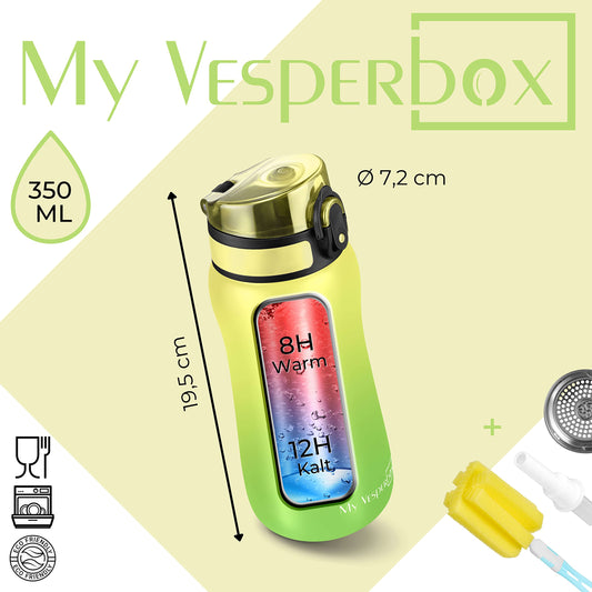 My Vesperbox - Thermo Minny - Stainless steel leak-proof water bottle with straw or sieve - 400ml, 600ml - Durable stainless steel water bottle for kids and adults - BPA free (Green - Yellow, 400ml)