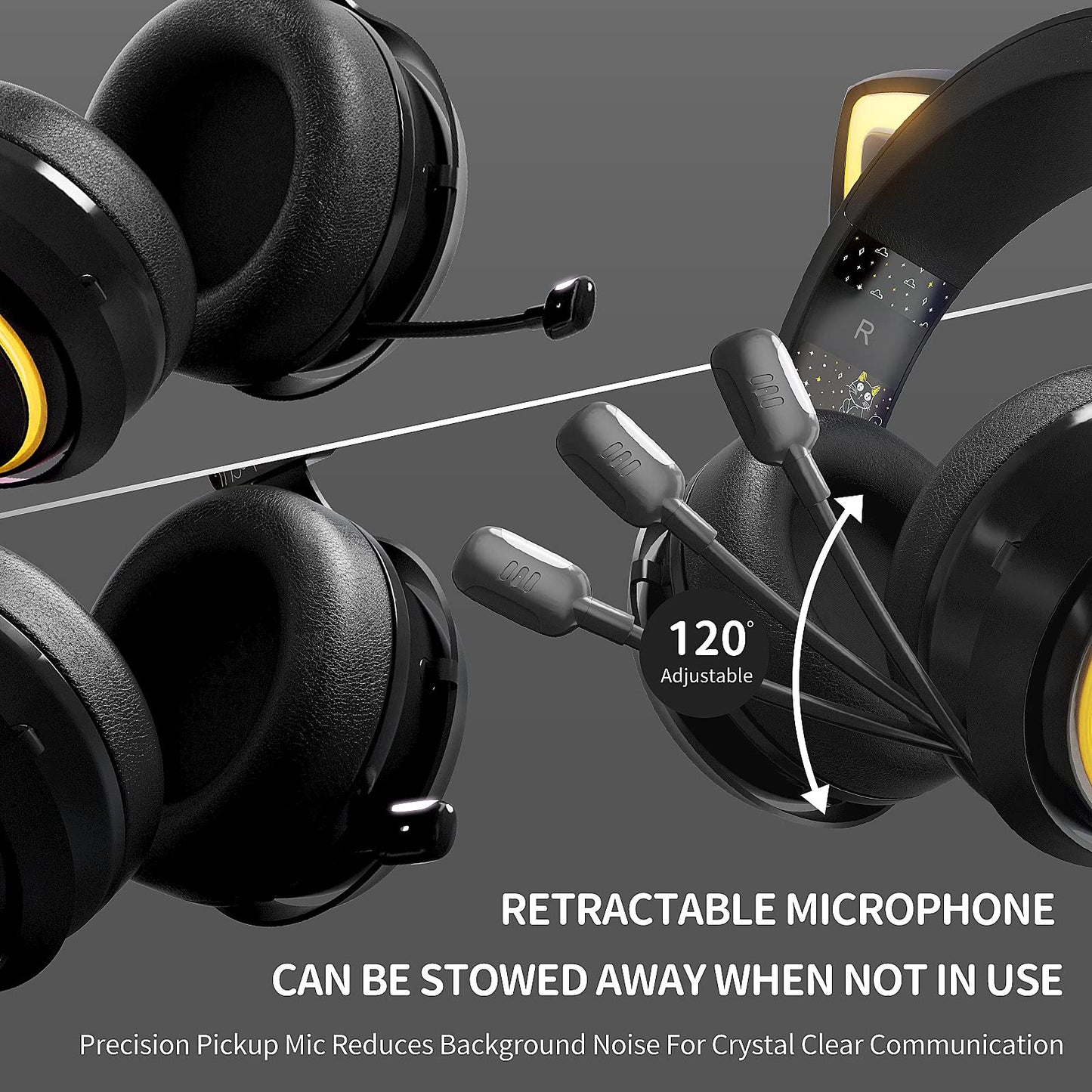Somic Wireless Gaming Headset, Bluetooth headset for smartphone, retractable microphone, 7.1 surround sound, 50mm drivers, RGB lighting, cute cat ear headphones for girls, Black