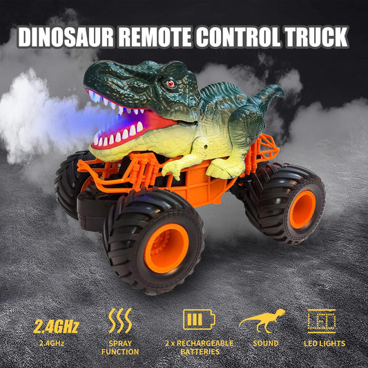 BOBOTATA Remote Control Car Kids Monster Dinosaur Truck Toy for Ages 3 4 5 6 7 8+, 2.4 GHz with Lights, Sounds, Spraying, All Terrain RC Cars Toy Gifts for Boys Girls