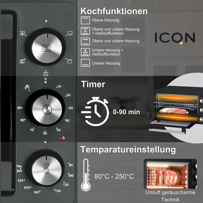 ICQN Mini Oven 20L, Pizza Oven, top/bottom heat with convection function, 5 grill functions, 90 Min. Timer, 1500 W, 80°-240°C, baking tray/grill/drip tray and tray holder, Black