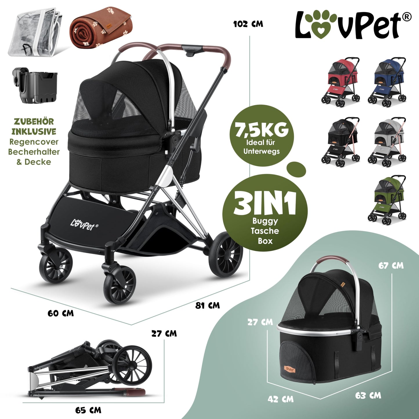 LOVPET® Dog Stroller 3in1 for dogs up to 20kg, dog crate, transport bag, foldable, collapsible, large wheels, mesh windows, rain cover, cup holder, cuddle blanket, cat stroller, jogger buggy for pets.