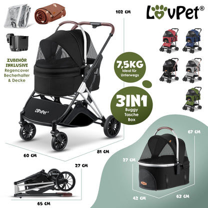 LOVPET® Dog Stroller 3in1 for dogs up to 20kg, dog crate, transport bag, foldable, collapsible, large wheels, mesh windows, rain cover, cup holder, cuddle blanket, cat stroller, jogger buggy for pets.