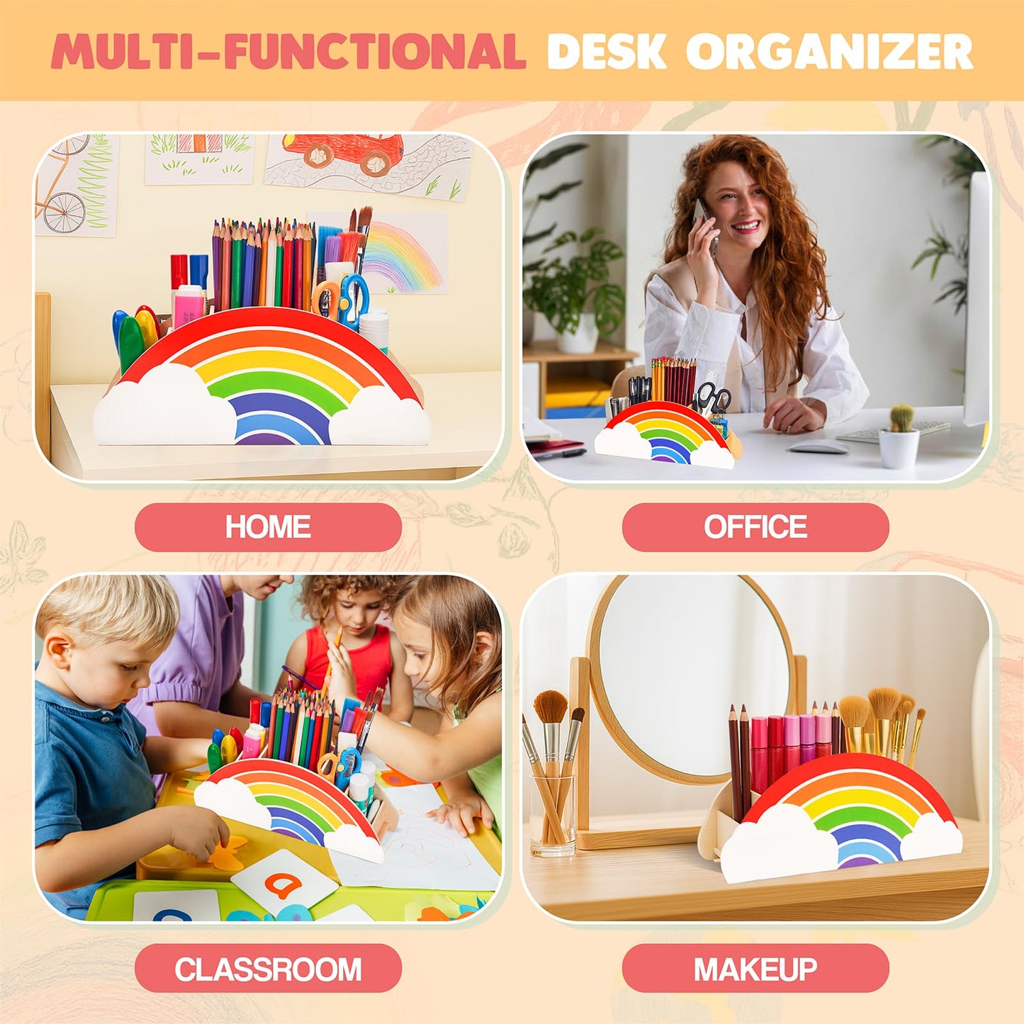 Wooden desktop organizer from Gamenote, rainbow pen holder pen holder/pen holder/desk organizer/multi-function organizer for kids office supplies, classroom organization (PH1)
