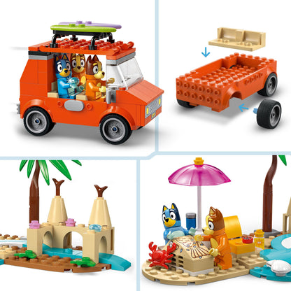 LEGO Bluey: Bluey's Beach & Family Car Trip Toy includes 3 minifigures (Bingo & Chilli), 2 surfboards, a sand castle, and fun accessories. Perfect birthday gift for 4+ year old girls & boys. - 11202