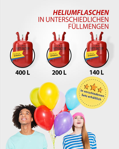 Party Factory helium gas for 30 balloons, helium gas cylinder with gas for latex, foil, and LED balloons, perfect for wedding, birthday, corporate event.