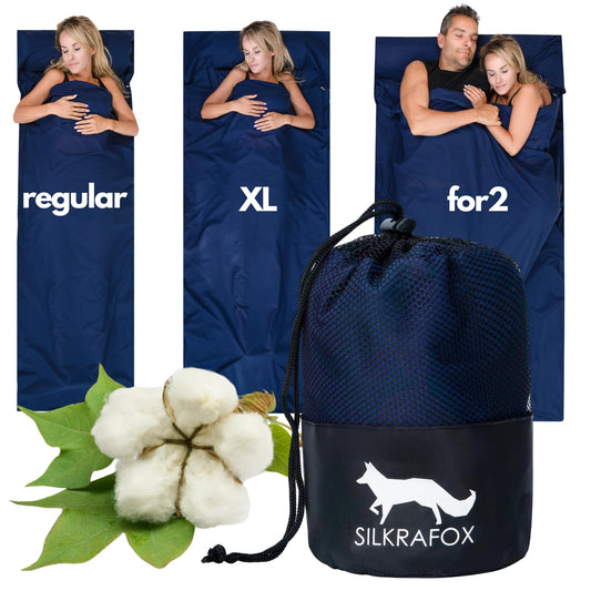 Silkrafox Cotton XL extra large cotton sleeping bag with zipper and pillow pocket. Lightweight summer sleeping bag liner for travel, small and thin with blue color and pocket.