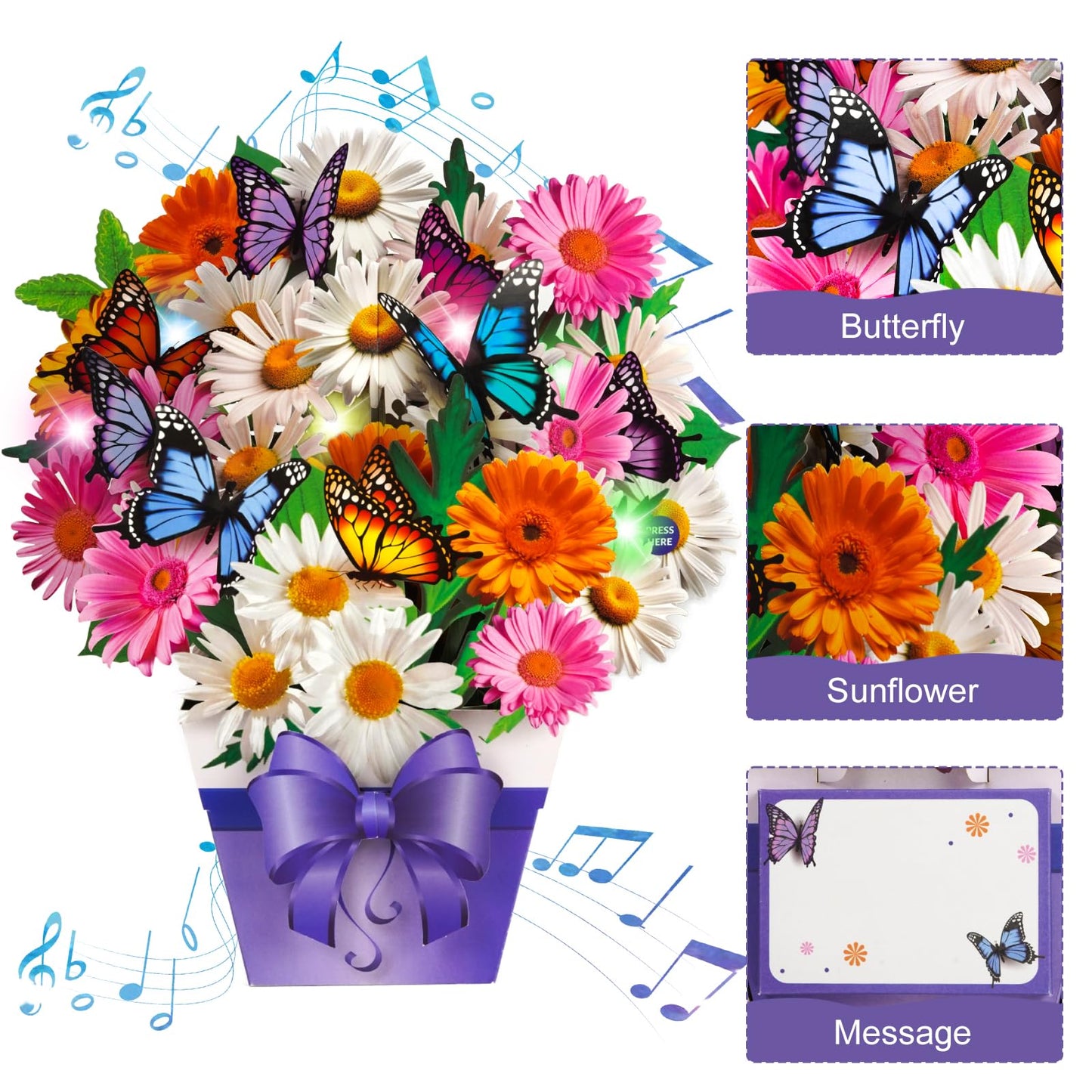 APOTODITO Butterfly Card, 3D Pop-Up card with music and lights, 3D Pop-Up bouquet, Birthday card, Anniversary card, Mother's Day card for women, mothers, and wives.