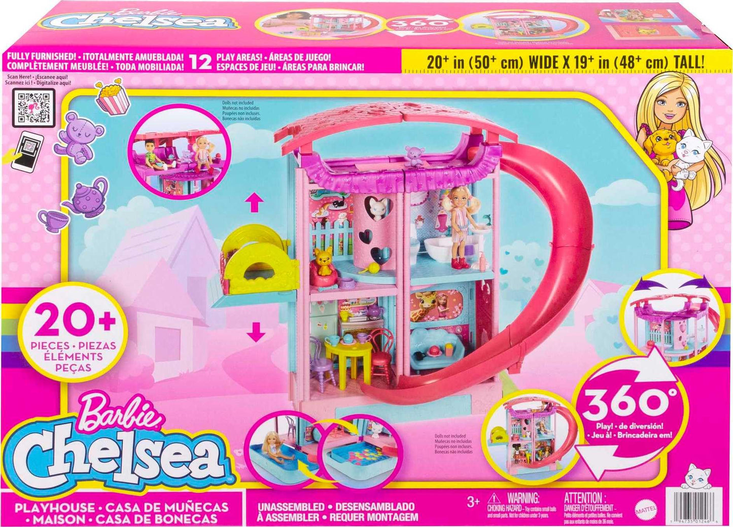 Barbie Chelsea Playhouse - 3 floors with transformation function, secret play areas, elevator, pool, slide, 2 pets, and over 20 accessories, for children ages 3 and up, HHX44.