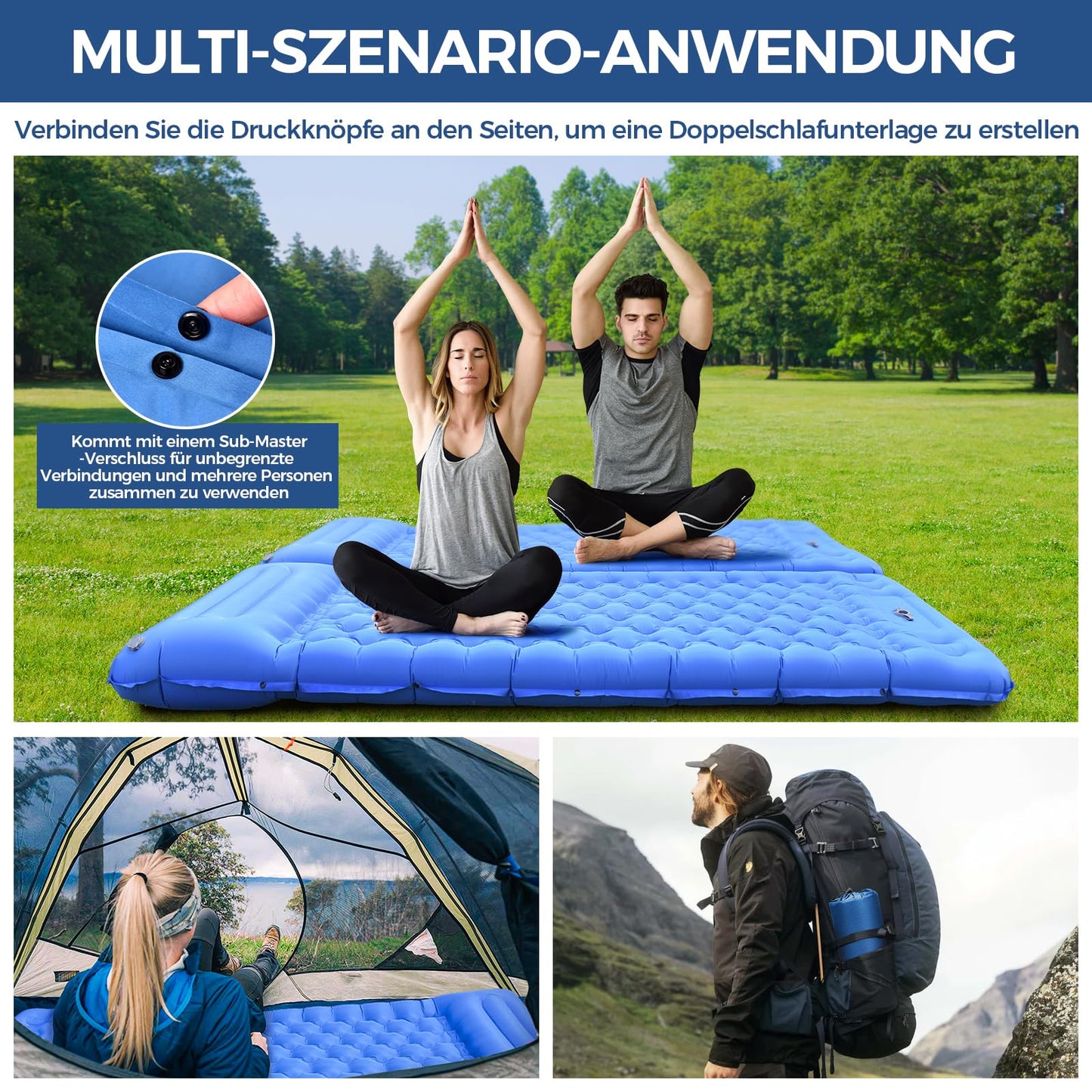 Self-inflating camping mat, 14 cm self-inflating mat with built-in foot pump & pillow, waterproof self-inflating air mattress for hiking, beach, travel, tent (blue)