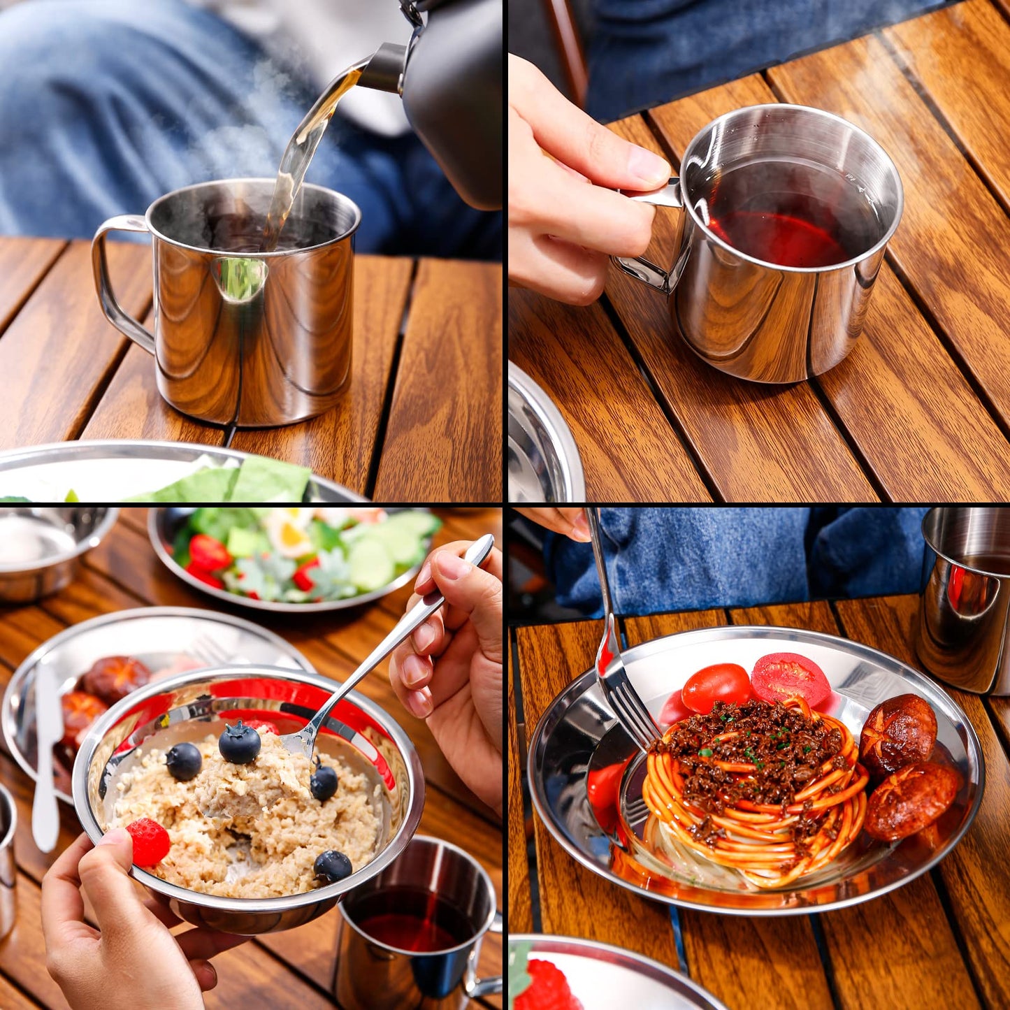 Odoland Camping Cutlery Set, outdoor utensils made of stainless steel for 2 people. Foldable utensils with plate and cup. Ideal for outdoor cooking, traveling, hiking, and camping.