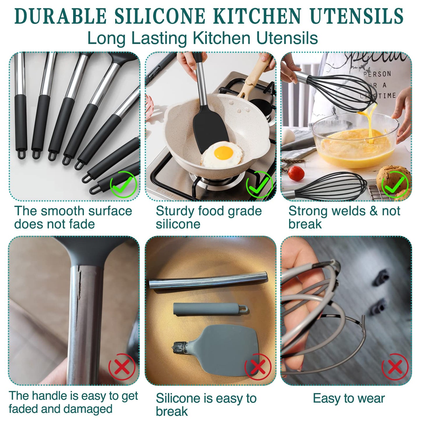 Umite Chef Kitchen Utensil Set, 15 pieces, silicone, heat resistant, non-stick, BPA-free, stainless steel handle, spatula, spoon, tongs, whisk, cookware