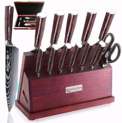 Kitchen Knife Set with Block HOABLORN Luxury 15-piece Knife Block with Knives: Acacia Knife Holder with Strong Magnetic Heart, knife set with block, for housewarming and wedding gifts.