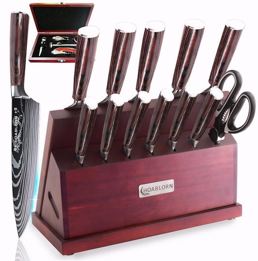 Kitchen Knife Set with Block HOABLORN Luxury 15-piece Knife Block with Knives: Acacia Knife Holder with Strong Magnetic Heart, knife set with block, for housewarming and wedding gifts.