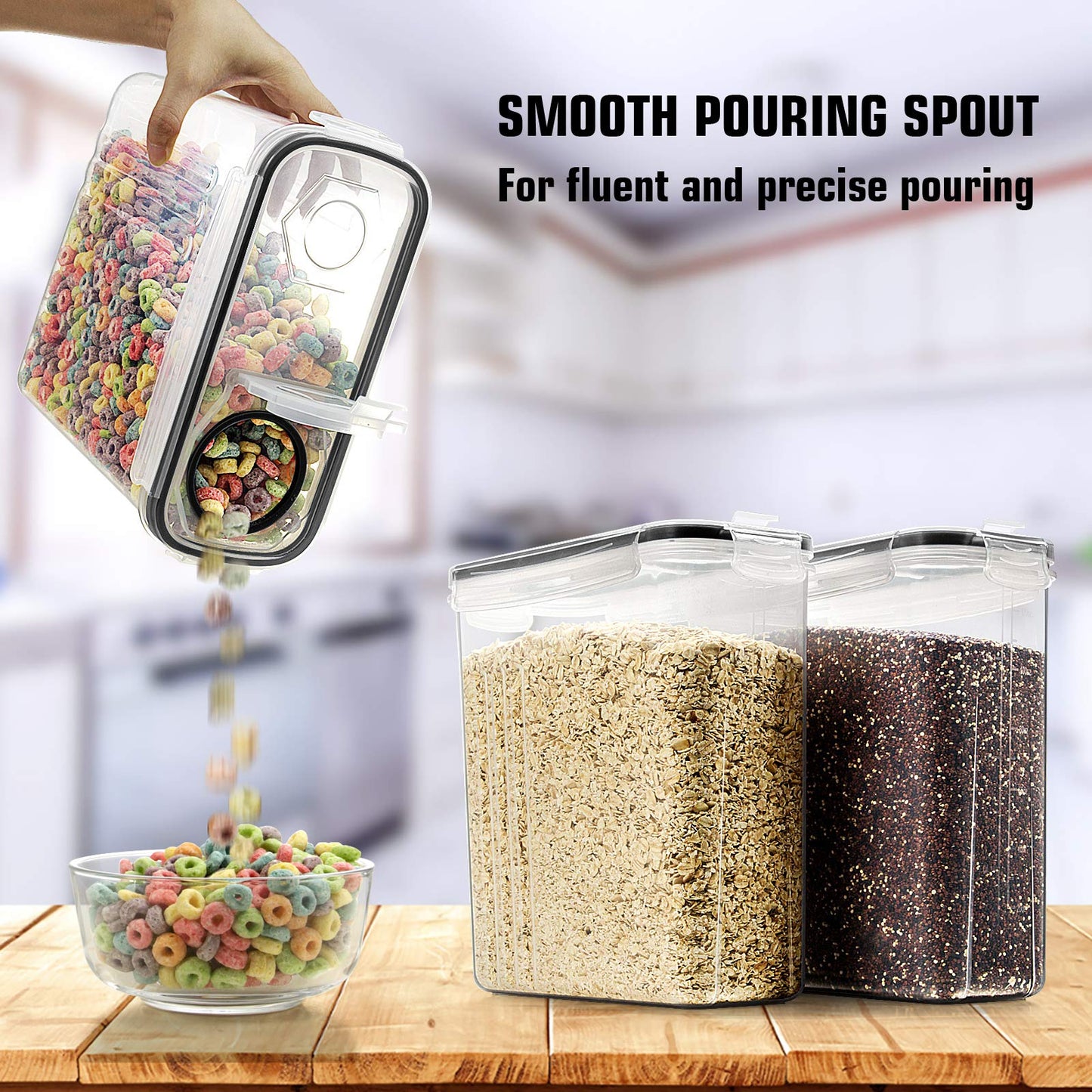 Wildone Plastic Cereal Container Set, 6 Large (16.9 Cups, 384 ml), Airtight Food Storage Containers - Leak-proof, BPA-free Cereal Dispenser | Flour, Dry Food with Black Lid