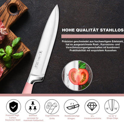 9-piece pink sharp non-stick coated chef knife block set, stainless steel knife set for kitchen with sharpener for slicing, cutting, dicing, chopping (pink)