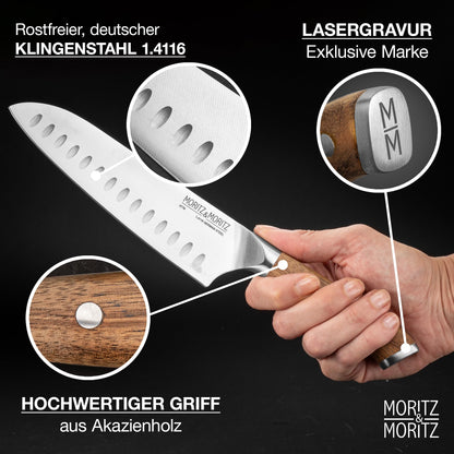 Moritz & Moritz Santoku Knife 18 cm - Professional chef's knife in Japanese style with extra sharp blade - Kitchen knife for meat, sushi etc. - Ergonomic acacia wood handle - German knife steel