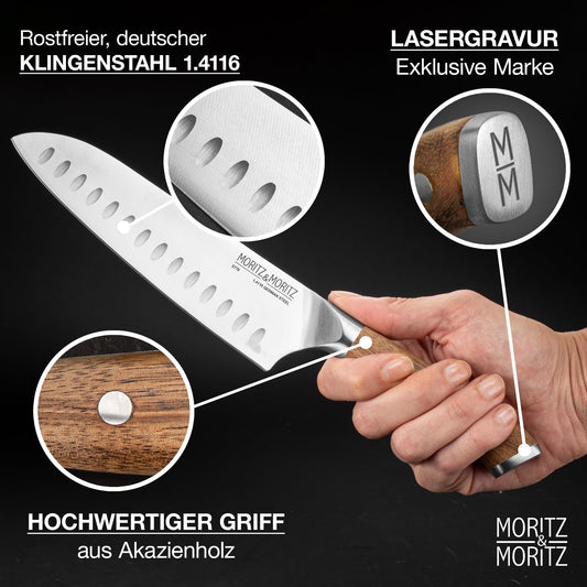 Moritz & Moritz Santoku Knife 18 cm - Professional chef's knife in Japanese style with extra sharp blade - Kitchen knife for meat, sushi etc. - Ergonomic acacia wood handle - German knife steel