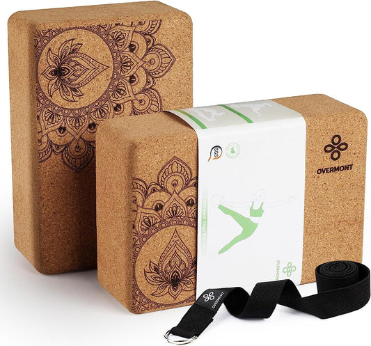 Overmont Yoga Blocks Cork 2 Pack Yoga Block with Yoga Strap - Cork Block for Fitness, Pilates, Stretching, and Meditation.