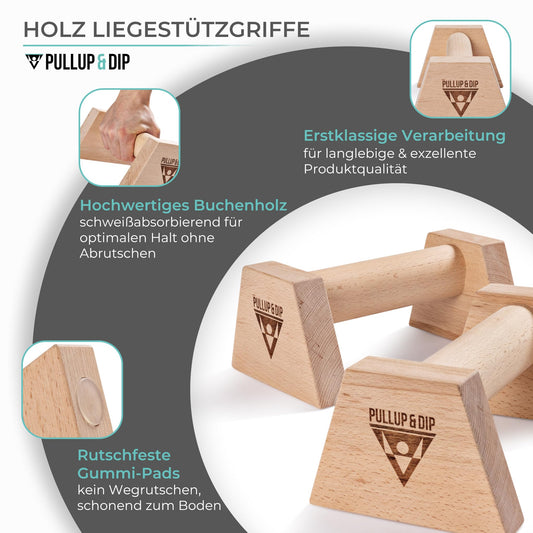 PULLUP & DIP wooden push-up handles with wrist wraps - Ergonomic handstand grips, non-slip push-up bars for calisthenics, fitness, and upper body training.