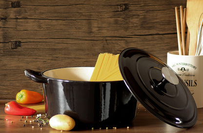 Real Work Dutch oven made of cast iron with enamel coating, cast iron pot, roaster with lid, round bread baking pot, suitable for ovens, grills, BBQs and induction, black, 3.5 L, Ø 22.5 cm, Large