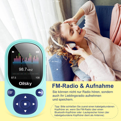64GB Bluetooth MP3 player, Oilsky Clip-on Mp3 player for sports, mini portable music player for kids with FM radio, recording, pedometer, includes earphones.