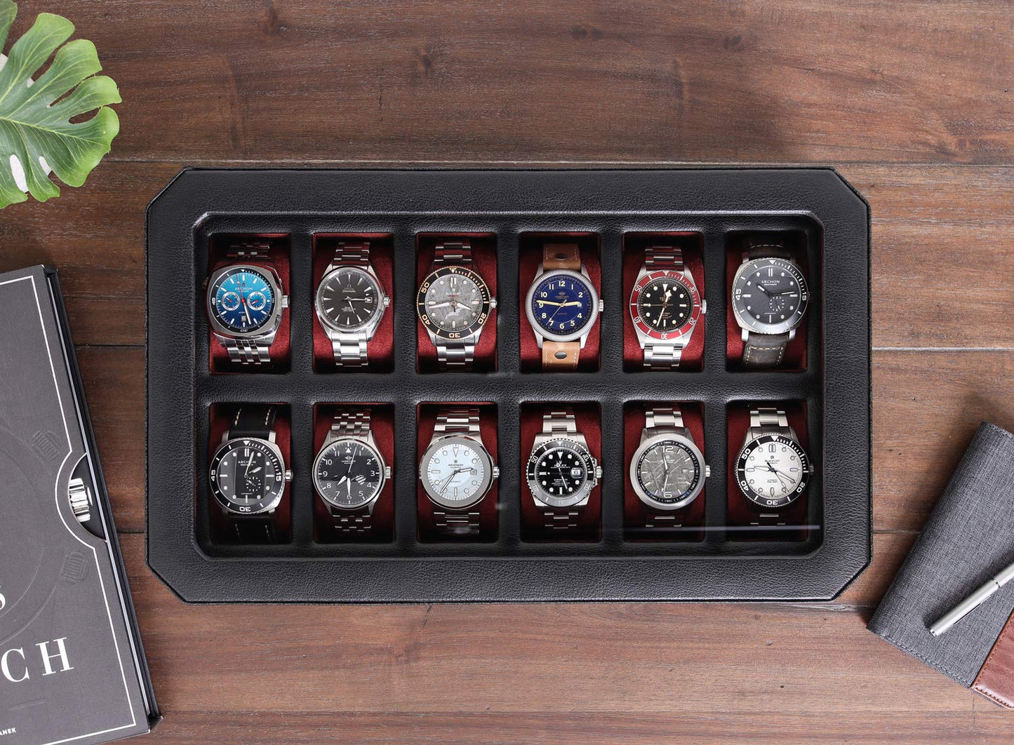 ROTHWELL 12 Slot Leather Watch Box - Luxury Watch Case Display Organizer, Men's Storage Boxes Holder Large Glass Top (Black/Red)