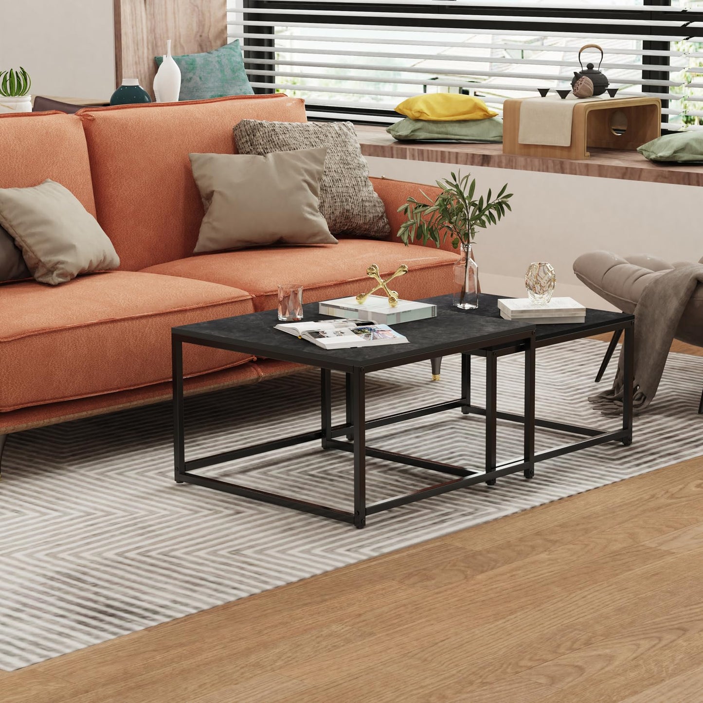 FATIVO Coffee Table Black Marble Living Room Table: set of 2 side tables modern square with metal frame for large living room: 65×65×40cm small: 60×60×34cm
