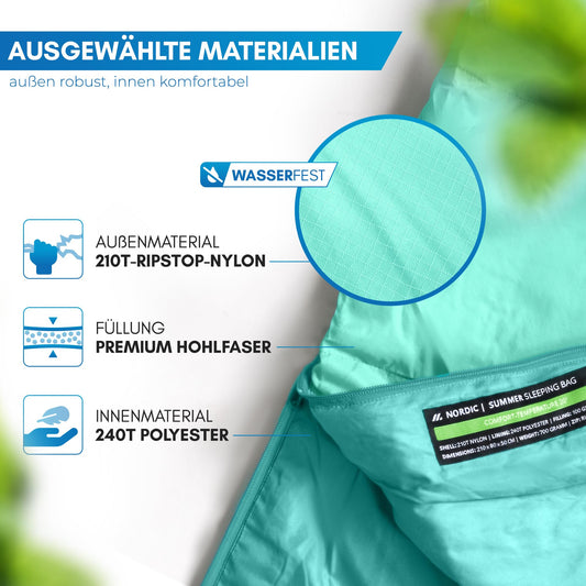 NORDMUT® Adult Sleeping Bag - compact & ultralight (900/1500g) - 3-season (250 GSM) & summer (100 GSM) - mummy sleeping bag for camping, outdoor & festivals.